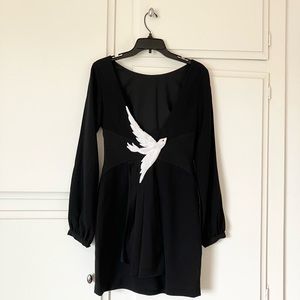 Vintage BCBGmaxazria Black Mini Dress with Split Sleeves and Sequin Beaded Dove